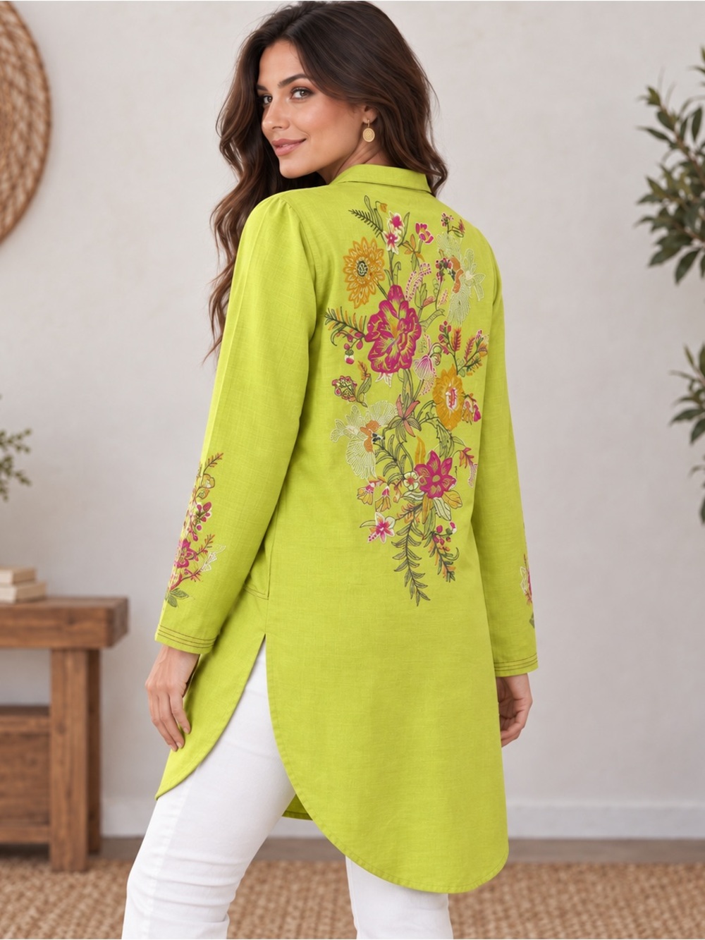 Limelight Embroidered Tunic Top Womens Size L Long Sleeve Floral Lime Green Boho